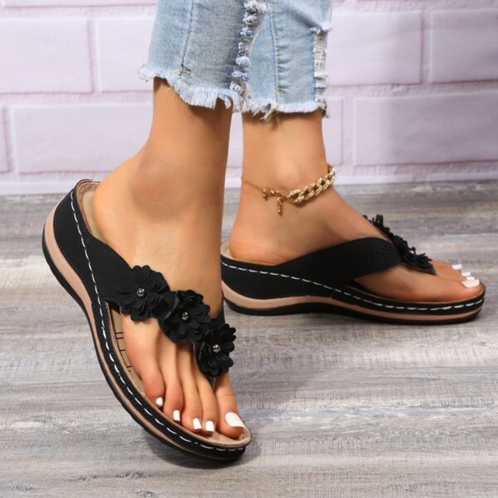 Fashion Black Flower Toe Post Thong Wedge Slide Sandals SH.5 - Picture 4 of 7